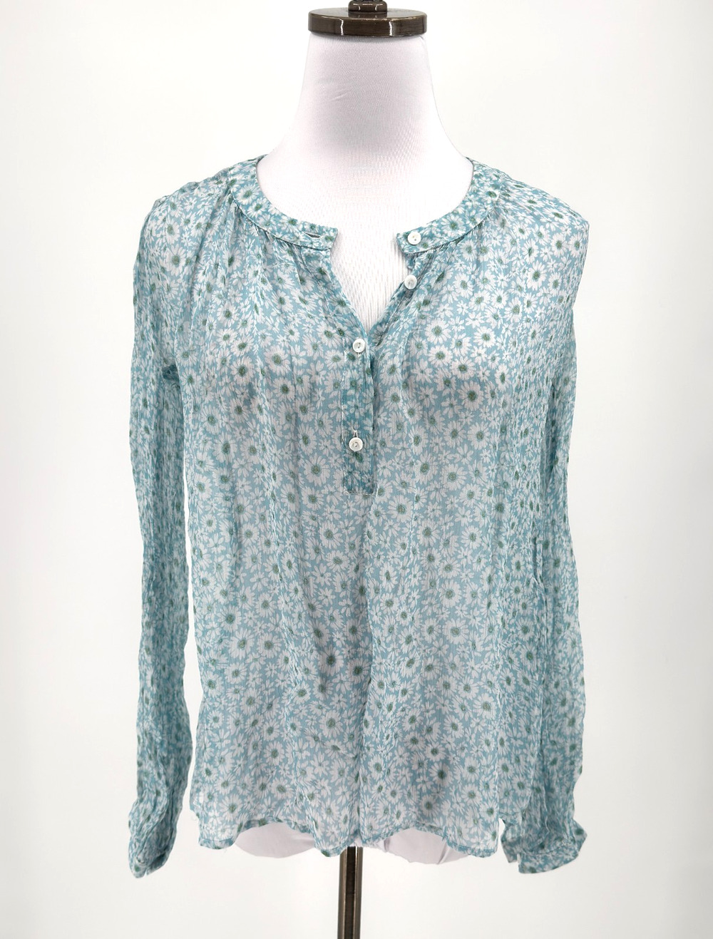 Ermanno Scervino Blue Floral Semi Sheer Long-Sleeve Blouse Top